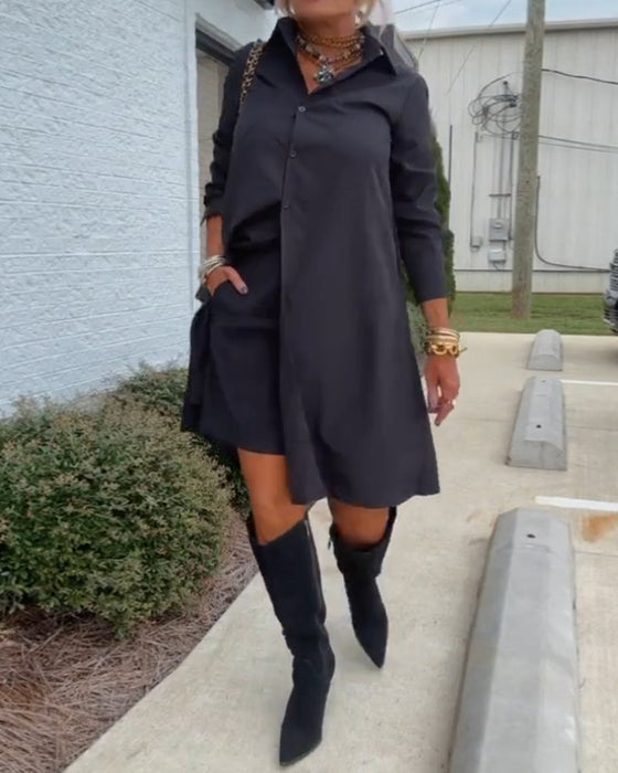 Solid color button casual shirt dress