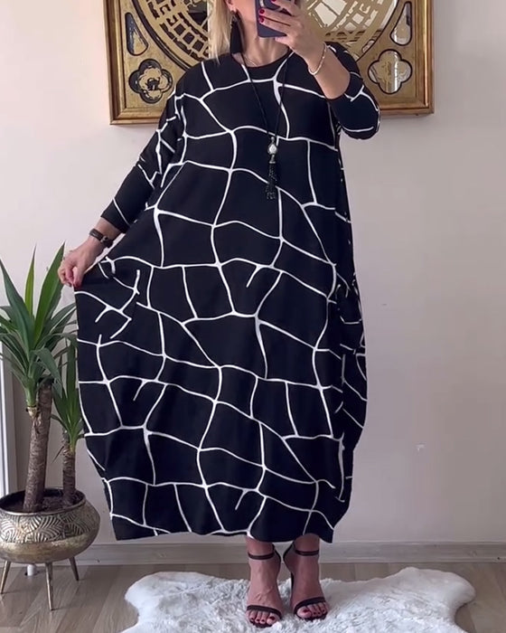 Round Neck Long Sleeve Pocket Loose Dress