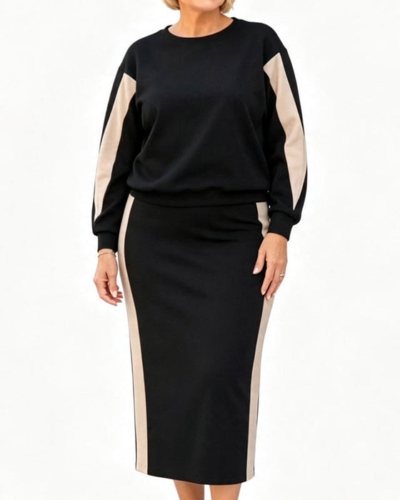 Crew Neck Color-Block Skirt Set