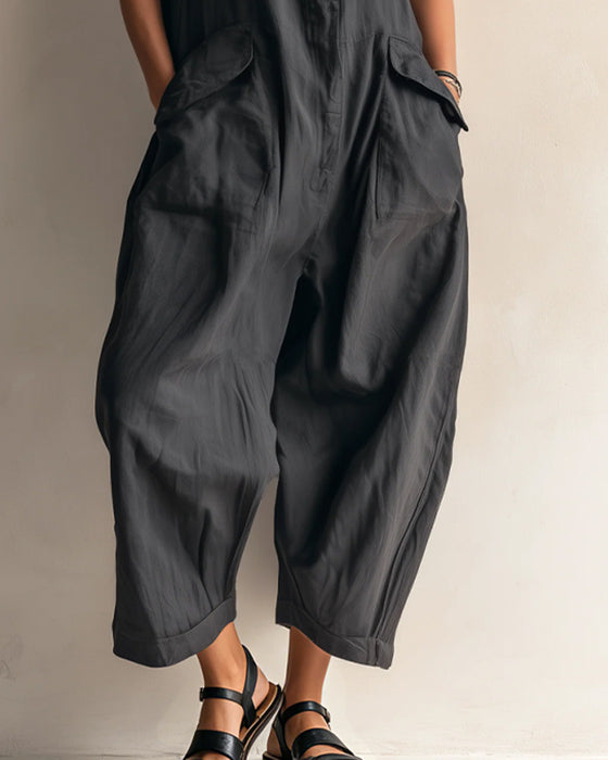 Lapel Sleeveless Pocket Cargo Jumpsuit