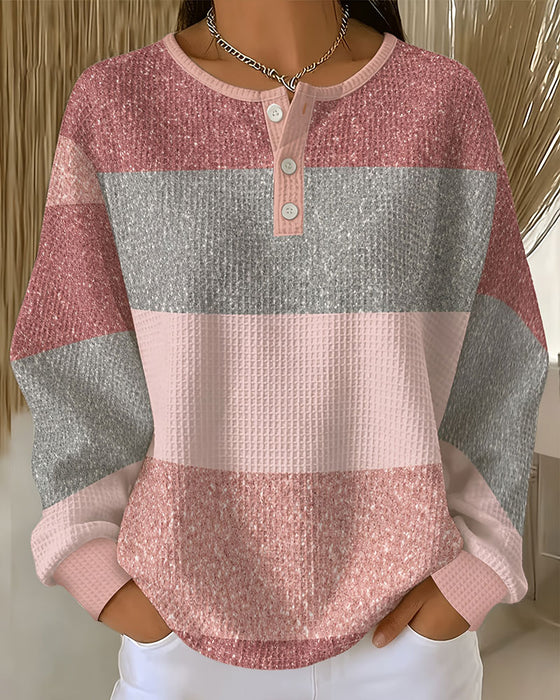Button Crew Neck Color Block Sweatshirt