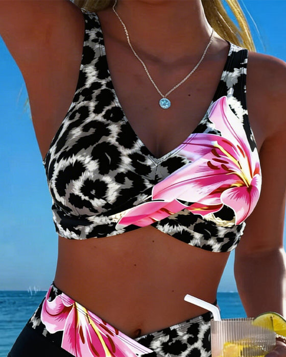 Leopard Print Floral Contrast Color Bikini