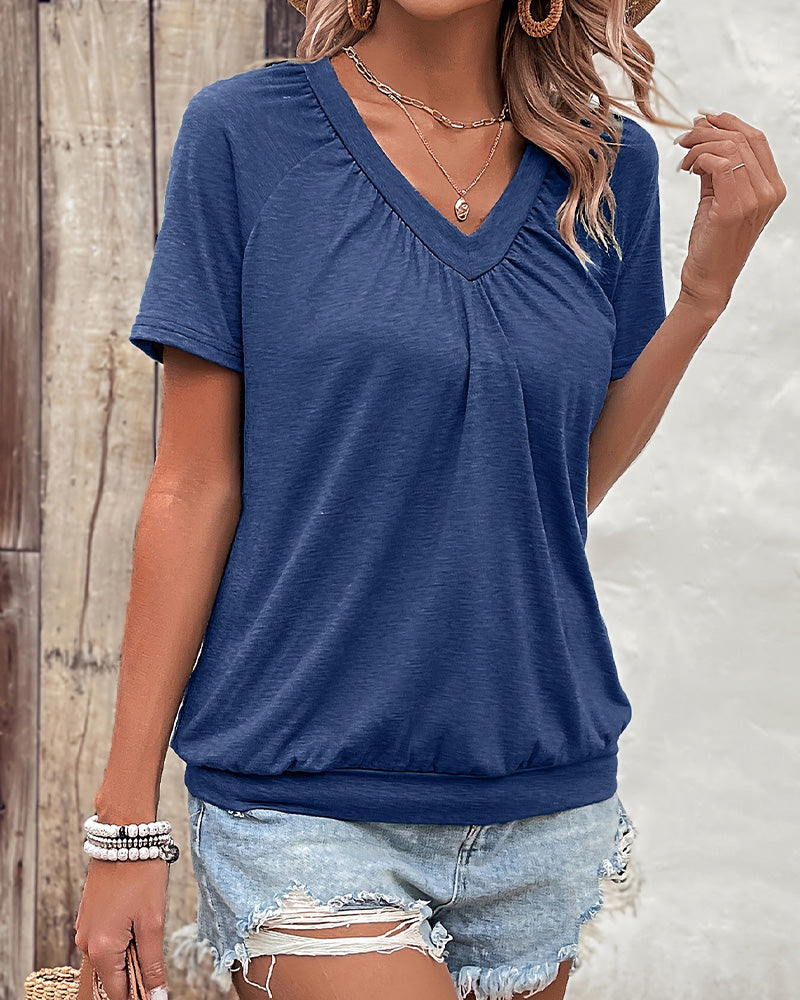 Casual Pleated V-Neck T-Shirt