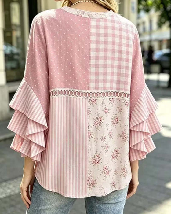 Double Layer Ruffle Sleeves Striped Polka Dot Print Blouse