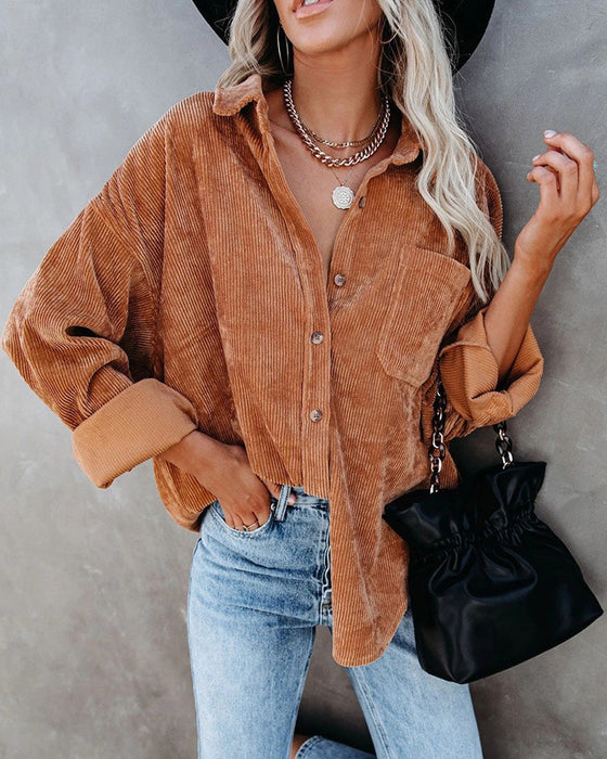 Solid Color Corduroy Pocket Blouse