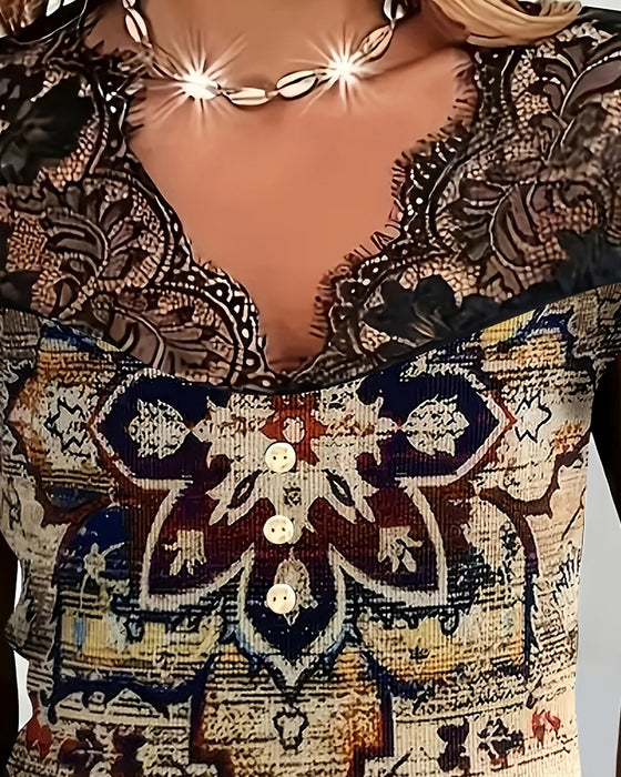 Lace-Trimmed V-Neck Retro Blouse