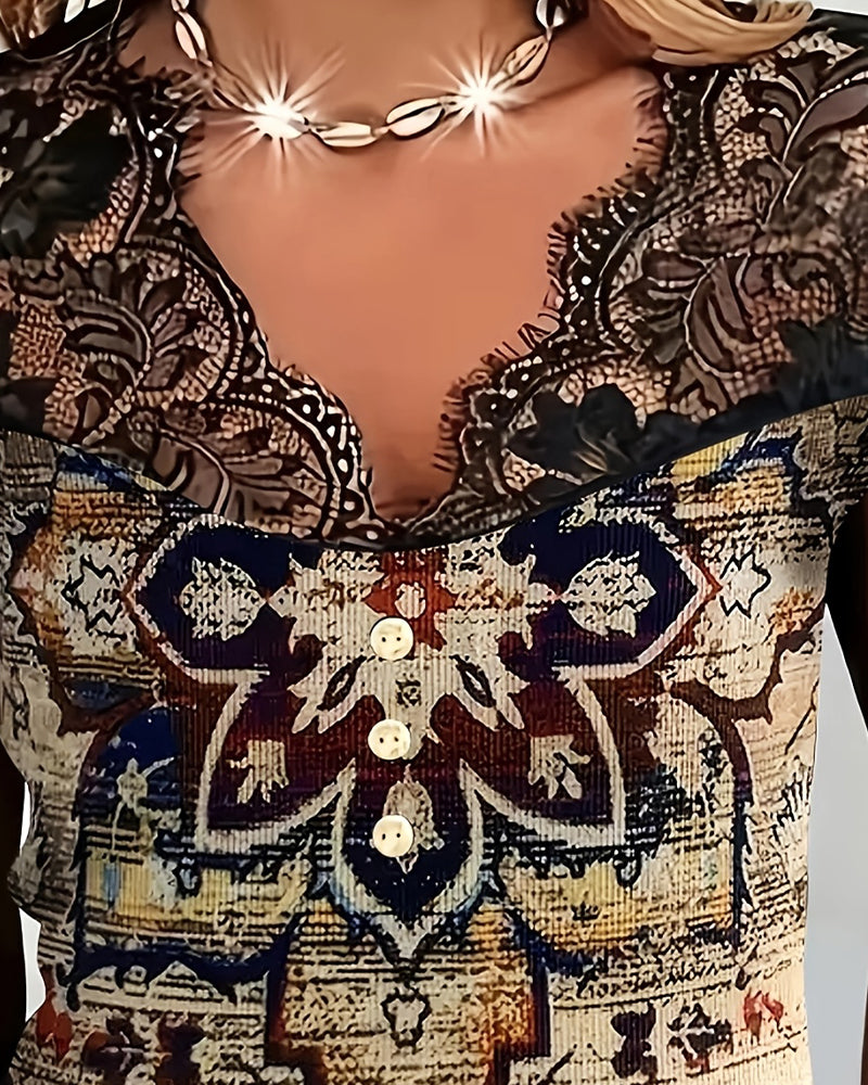 Lace-Trimmed V-Neck Retro Blouse