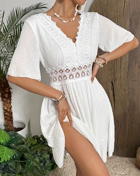 V-Neck Lace Trim Waist A-Line Dress