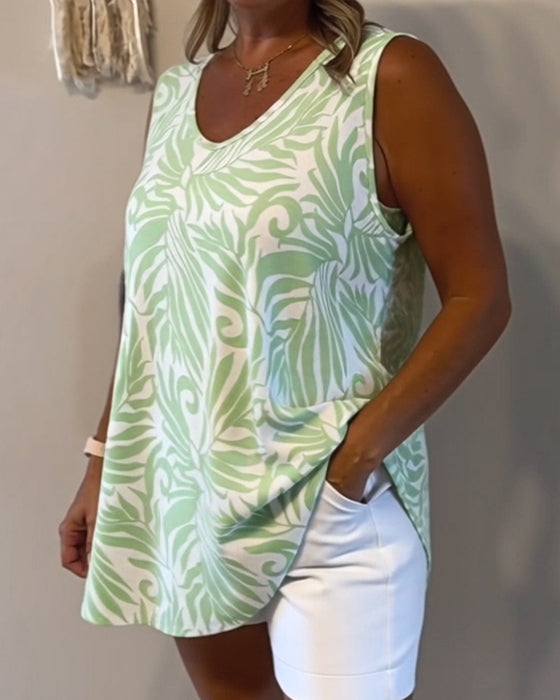 Loose-Fitting Plant-Print Tank Tops