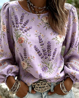 Lavender Floral Print Lantern Sleeve Blouse