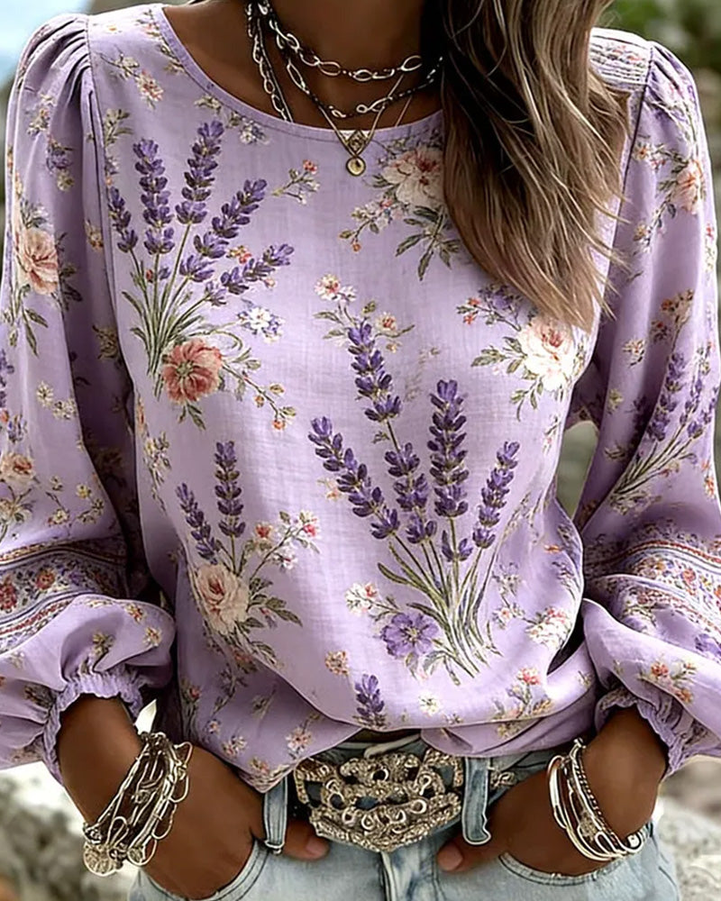 Lavender Floral Print Lantern Sleeve Blouse