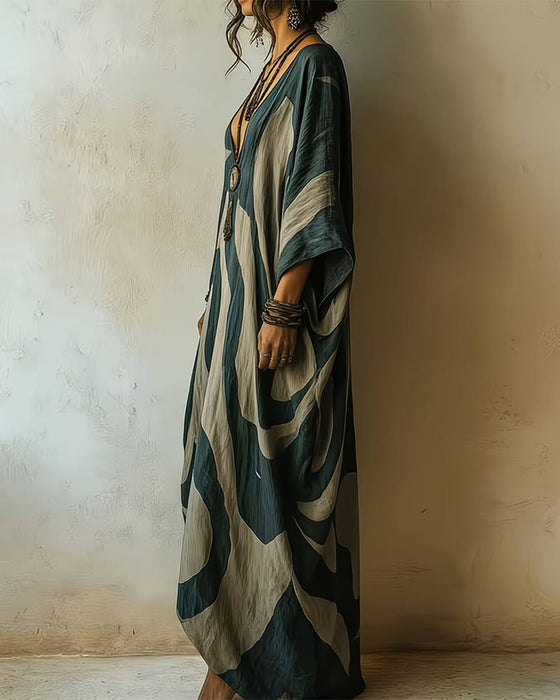 Deep V Abstract Wave Print Dress