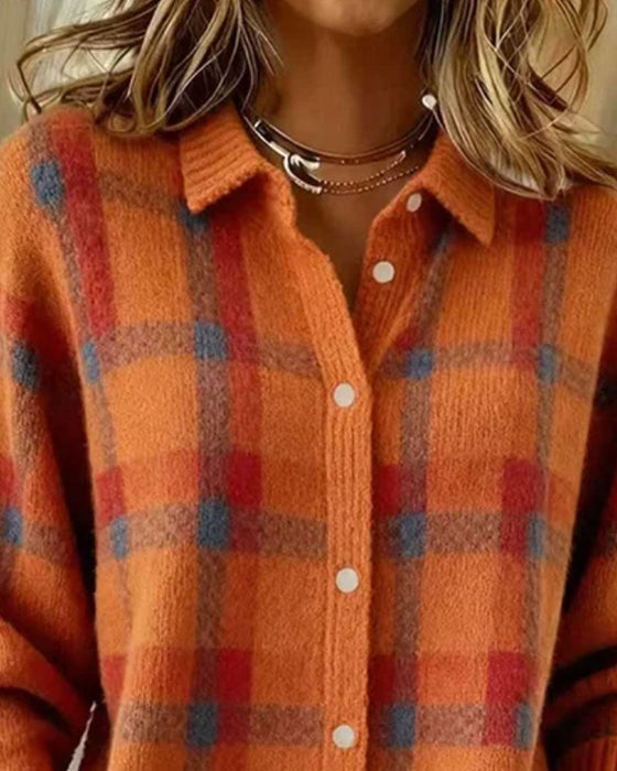 Plaid Shirt Collar Buttoned Cardigan