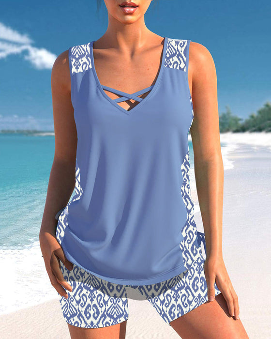 Printed v-neck tankini
