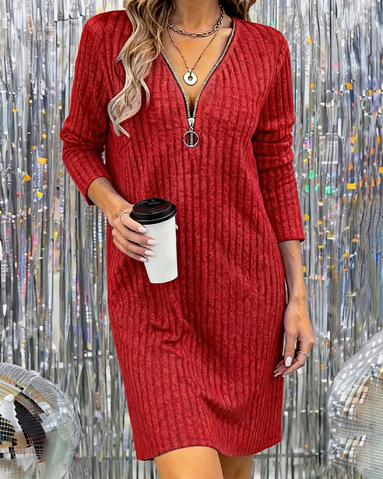 Zippered Brushed Ribbed Dress