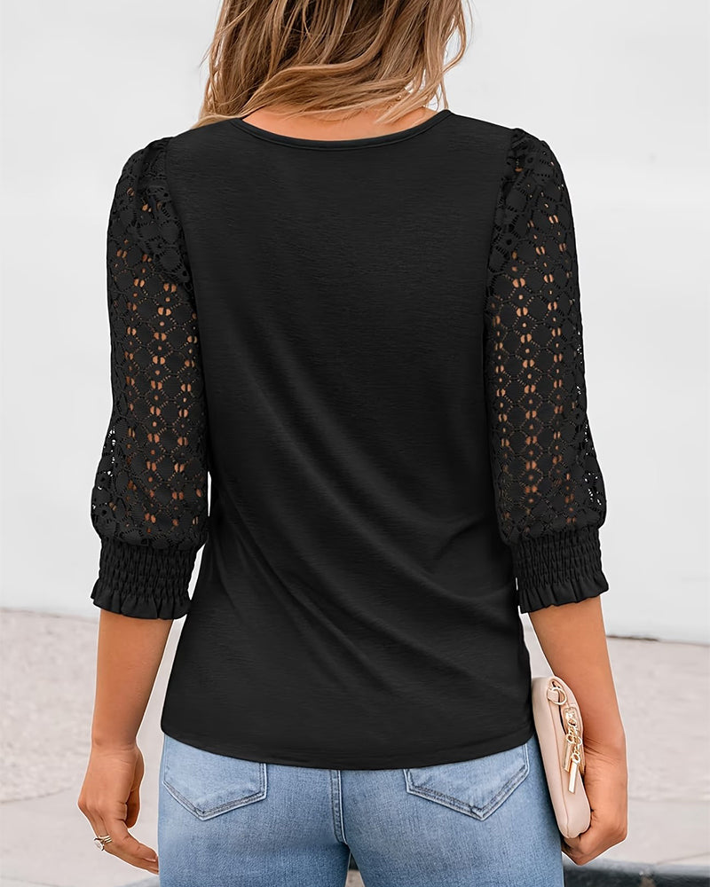 Diamond-Pattern Cutout & Paneled 3/4-Sleeve T-shirt