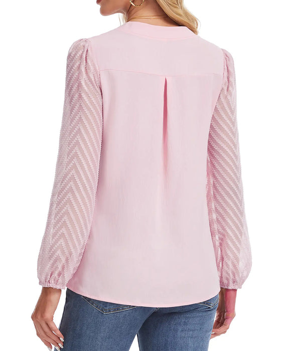 Stand Collar Long Sleeve Textured Mesh Blouse