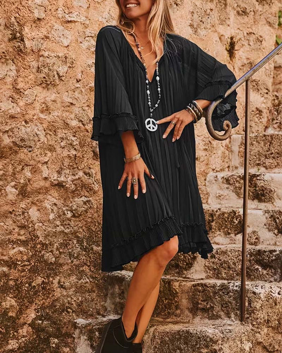 V-Neck Ruffled Three-Quarter Sleeve Dress