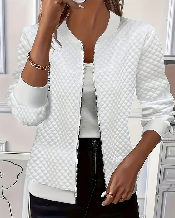 Diamond Quilted Stand Collar Zipper Coat