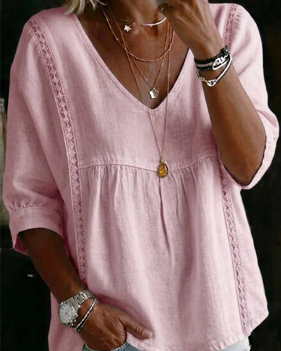 Ruffle Trim V-Neck Elbow-Length Sleeve Blouse