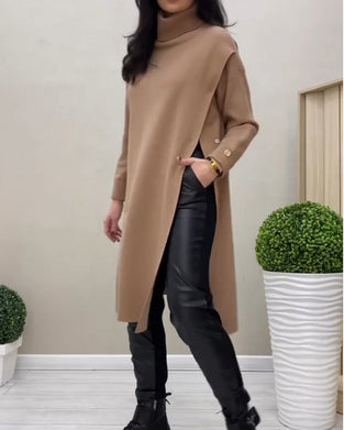 Side slit turtleneck sweater dress