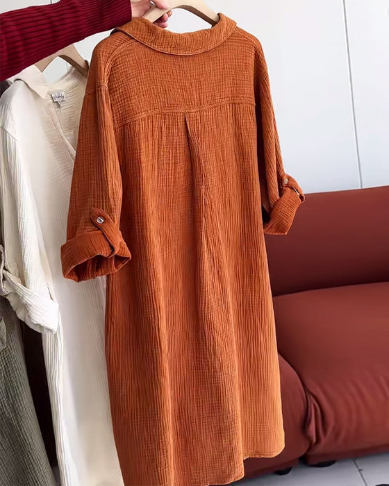 Lapel Solid Color Simple Long Sleeve Dress