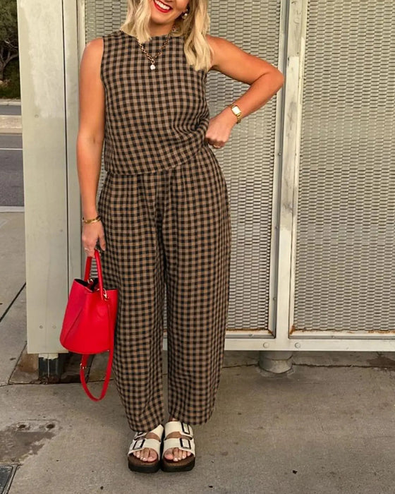 Round Neck Plaid Sleeveless Set