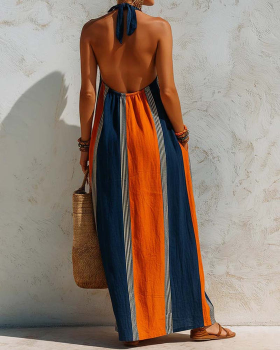 Color Block Vertical Stripe Halter Dress