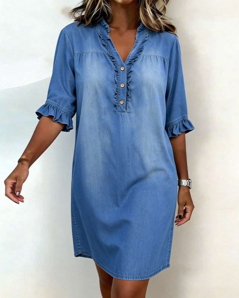 Ruffle V-Neck Denim Dress