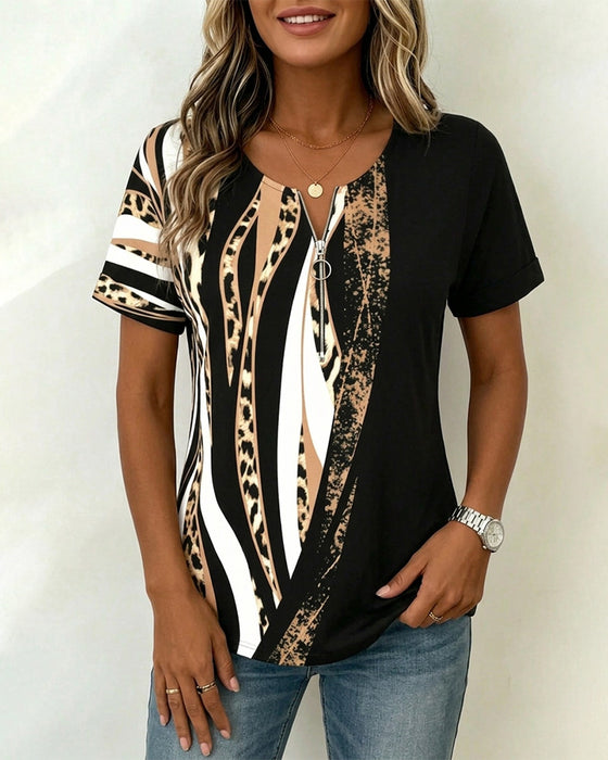 Zipper Leopard Print Color-Block Casual T-Shirt