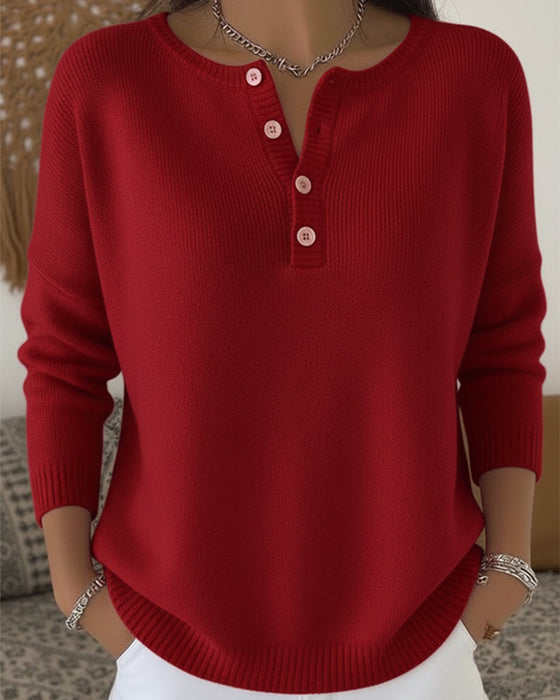 Long-Sleeved Button-Down Solid Color Sweater