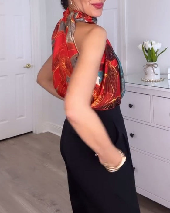 Printed irregular halter sleeveless top