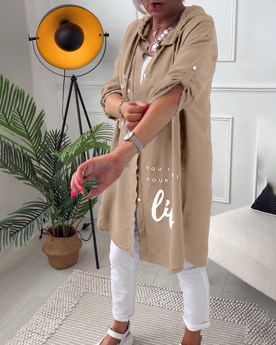 Hooded button-down coat with printed letters