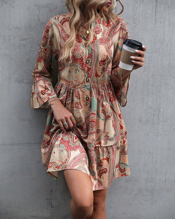 Paisley Print V-neck Dress