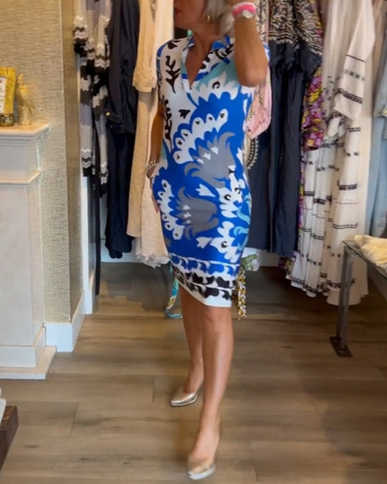 Short-sleeve printed v-neck dress