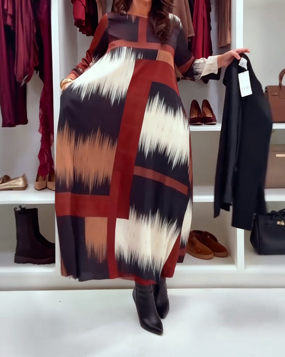 Fashion Printed Round Neck Long Sleeve Dress