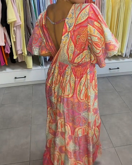 V-Neck Ruffle Print Dress