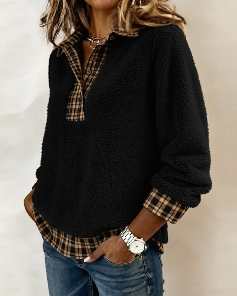 Plaid Collar Patchwork Solid Color Top