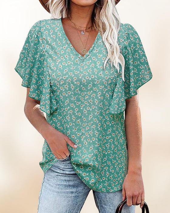 V-neck and flower print short-sleeved blouse