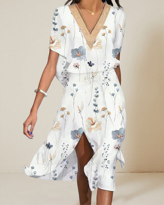 V-neck slit print dress