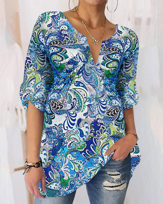 V-neck printed half-sleeved top