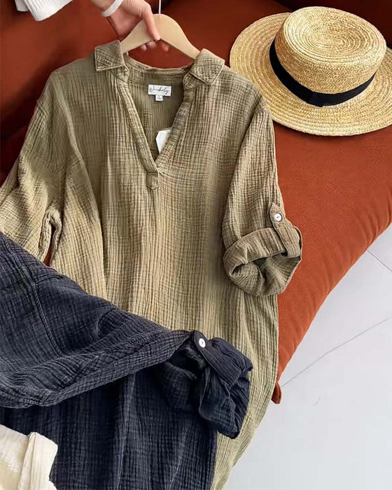 Lapel Solid Color Simple Long Sleeve Dress