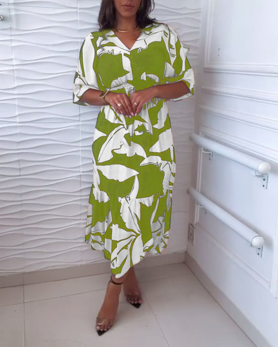 V-neck three-quarter sleeve drawstring elegant dress