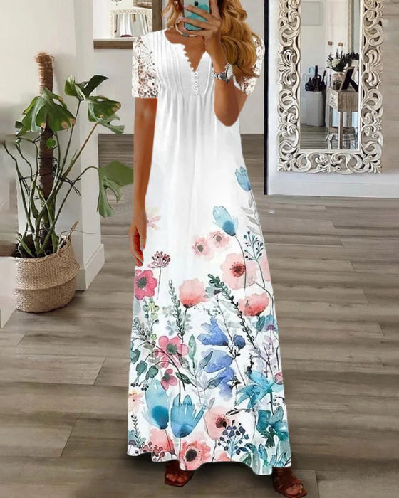 Floral print lace short sleeve long dress