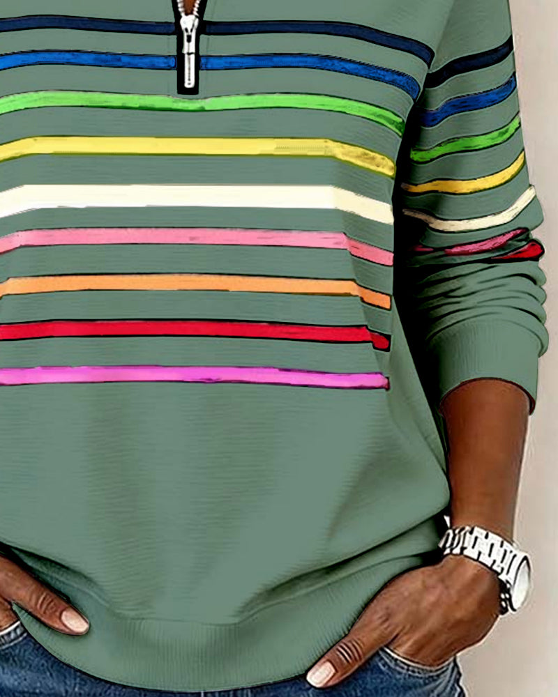 Half-Zip Collar Fashionable Rainbow Striped Sweatshirt