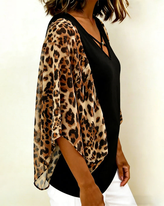 Batwing sleeve leopard print patchwork blouse