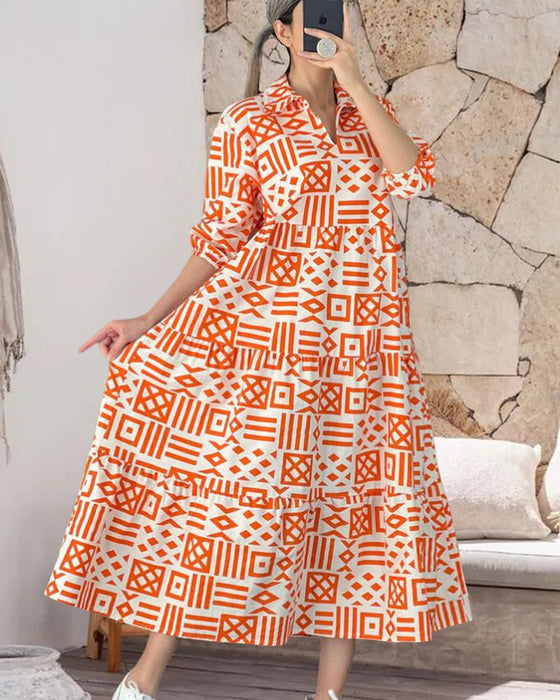 Geometric print lapel dress