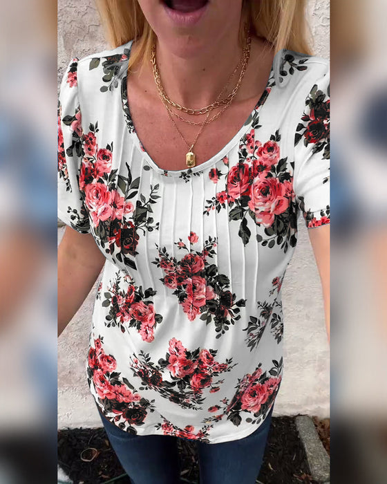 Crew Neck Floral Print Pleated T-Shirt