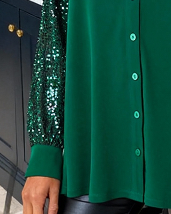 Sequin Patchwork V-Neck Button-Down Shirt