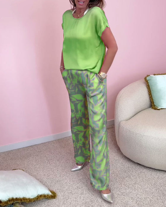 Casual printed short sleeve pocketed set